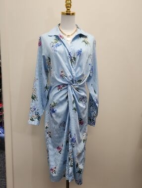 Zara Light Blue Floral Shirt Dress Tie Front Long Sleeve Size Medium